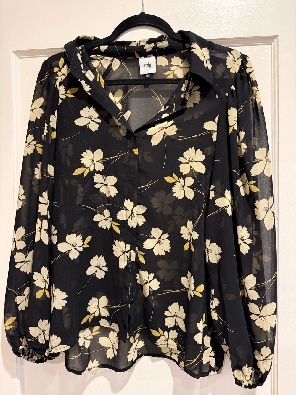 CAbi Black Floral Sheer Button-Front Blouse
